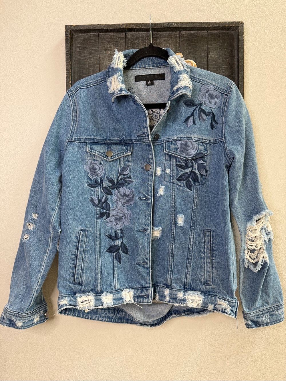 Tinsel Distressed Denim Jacket with Floral Embroidery